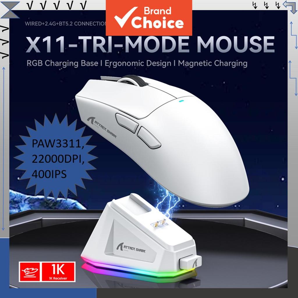 Mouse Gamer Leve Tri-Modo ATTACK SHARK X11 com PAW3311, 22000DPI, 400IPS, 40G, taxa de retorno de 1 kHz, iluminação RGB