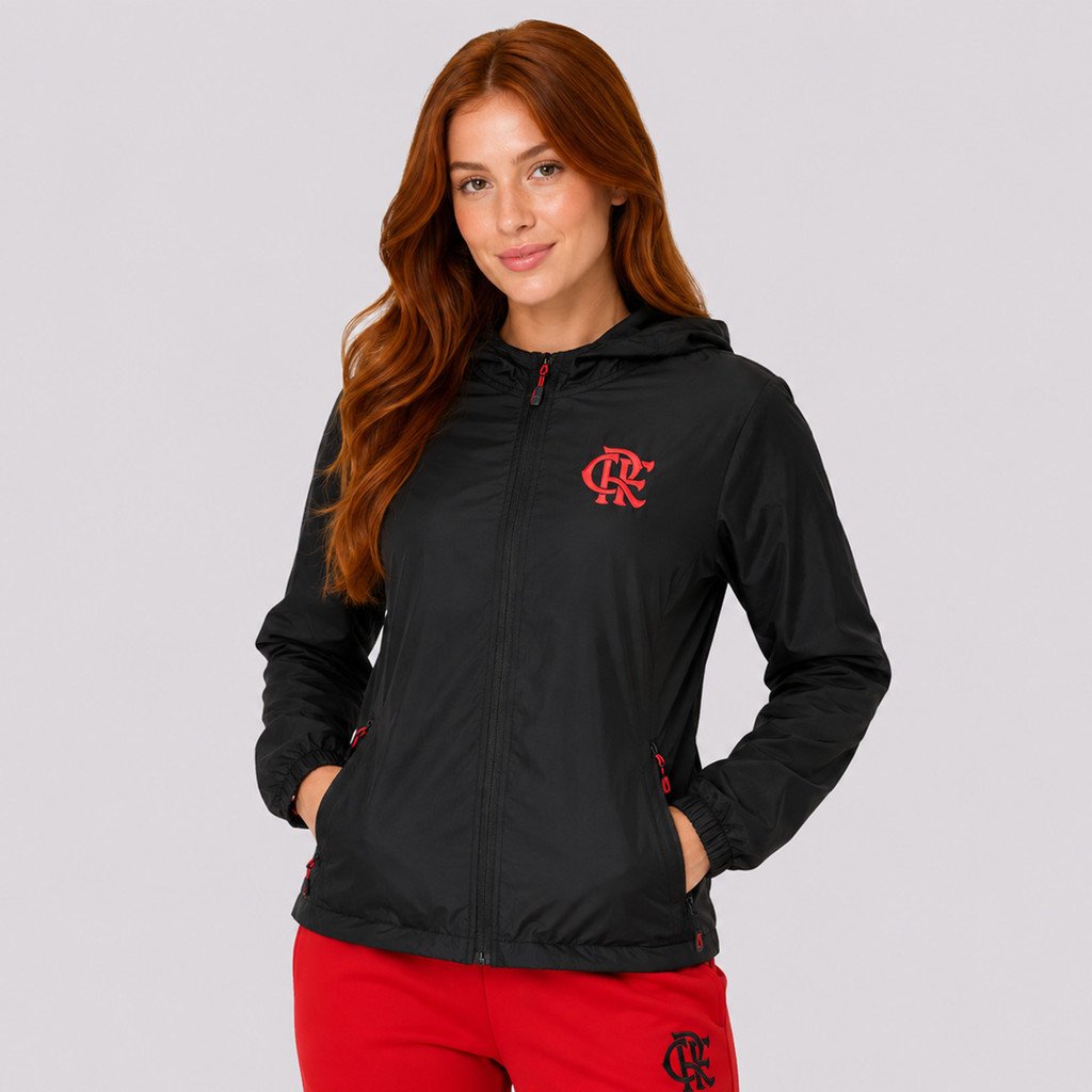 Jaqueta Corta Vento Flamengo com Capuz Feminina Preta