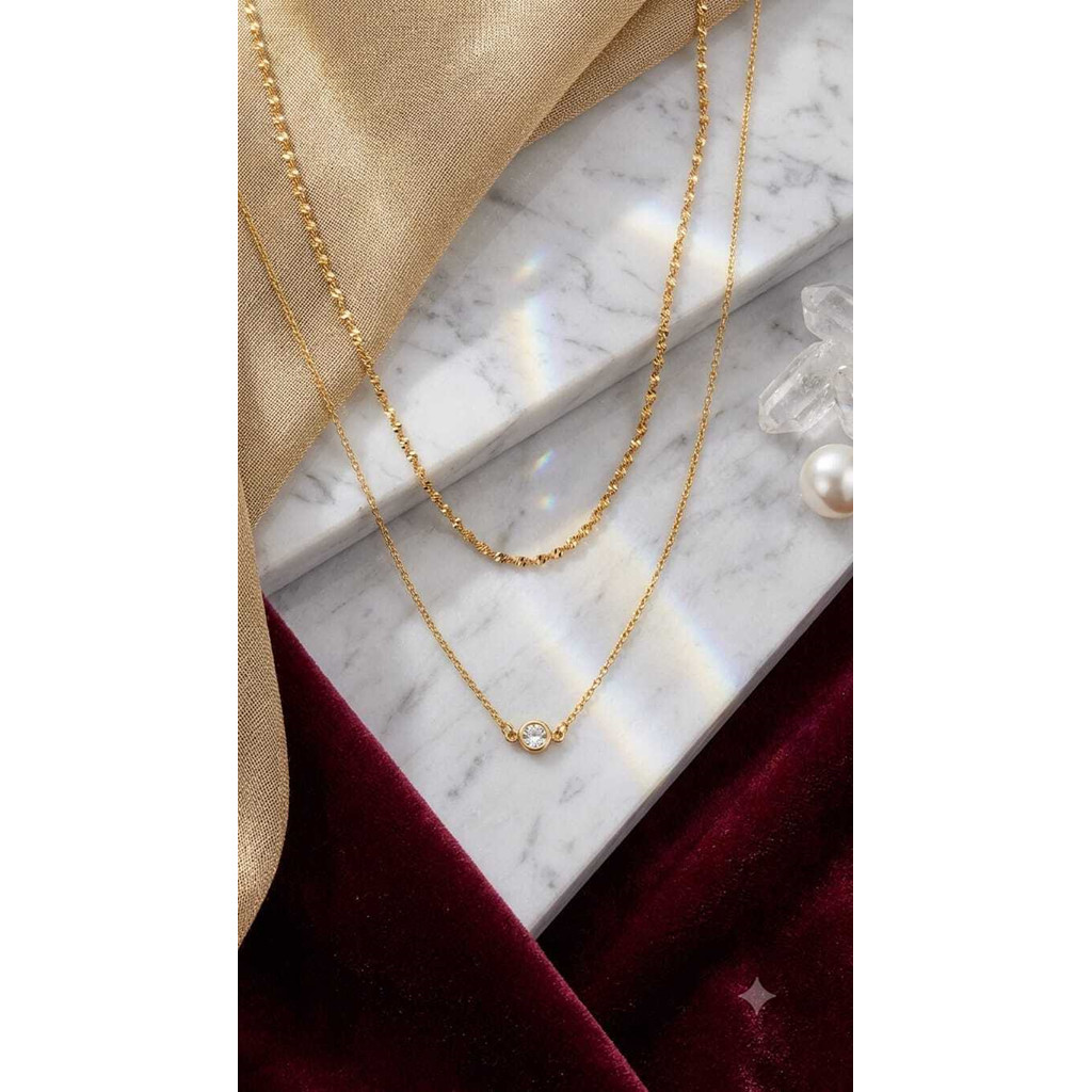 Colar Feminino Duplo Banhado a Ouro Cordão Baiano Torcido Ponto de Luz Zircônia