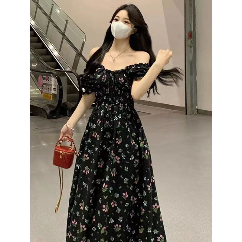 Francês Retro irmã gorda vestido Floral preto verão High-End fino ajuste pescoço quadrado manga Puff fenda vestido longo