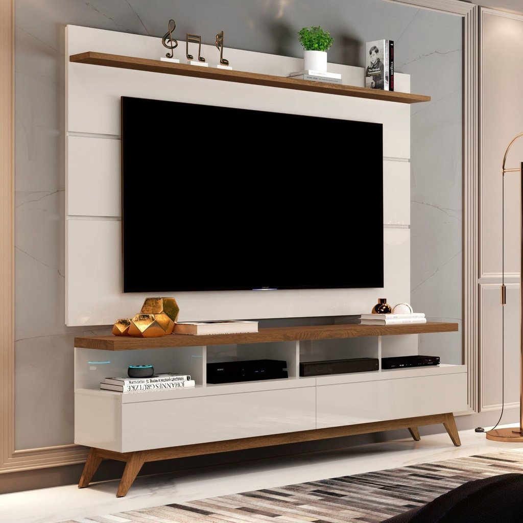 Rack com Painel para TV até 60 Polegadas MDF 160cmx194cm Pés em Madeira Maciça Vivare Bege Off White Freijó Off