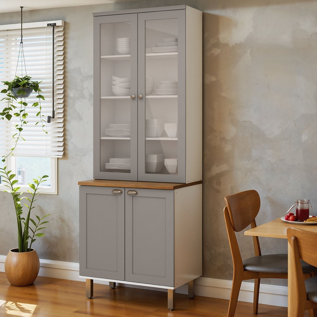 Armário Cristaleira com 2 Portas de Vidro e Balcão com 2 Portas Provençal 100% MDF Cinza/Branco/Fendi Branco/Fendi