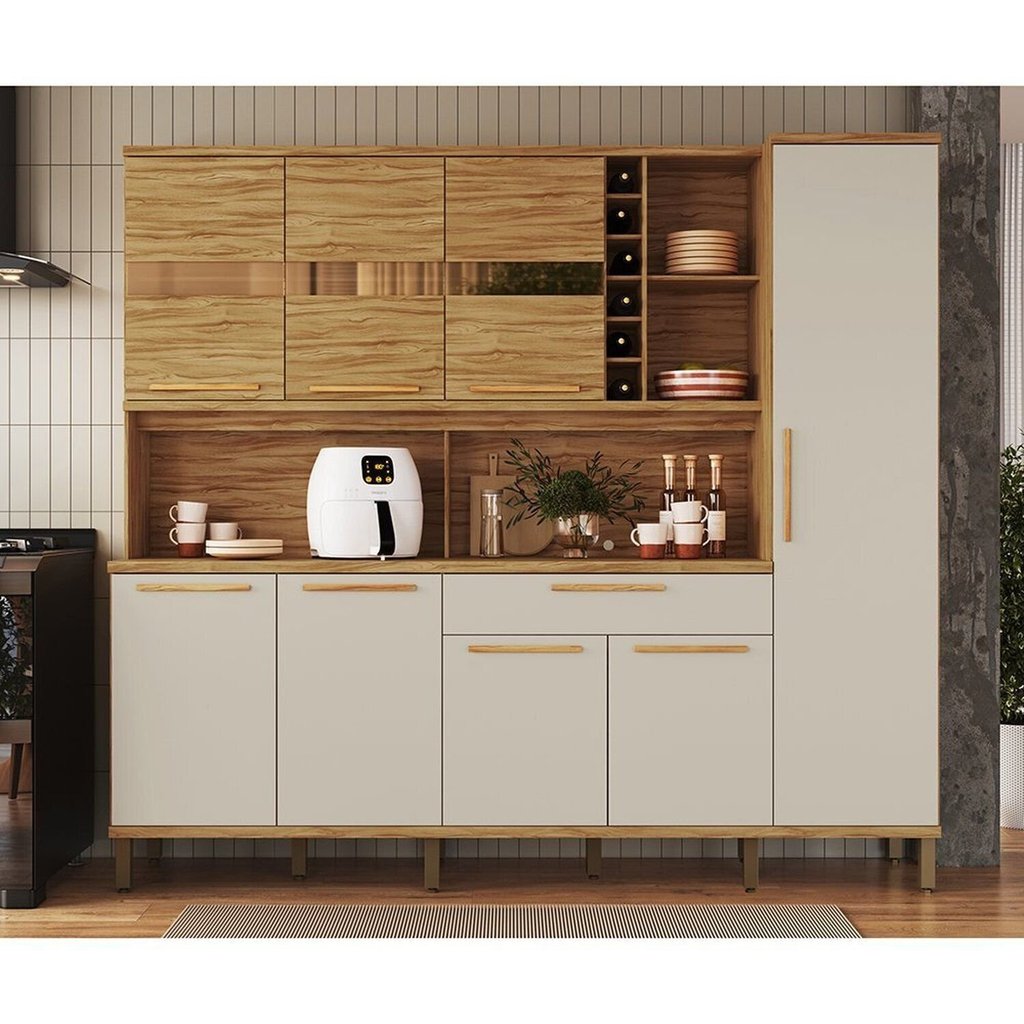 Armário de Cozinha Compacta 8 Portas 1 Gaveta e Mini Adega 222cm 100% MDF Suécia Espresso Móveis Amêndoa/Off White