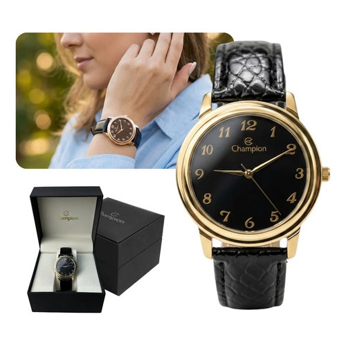 Relógio Champion Feminino Couro Dourado Luxo Clássico Preto Preto Dourado