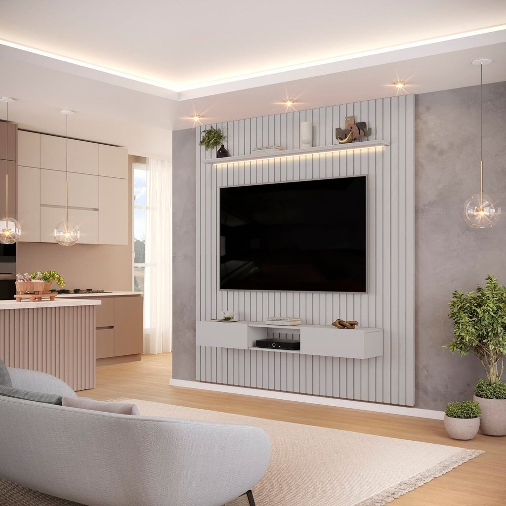 Painel Ripado para TV até 60 Polegadas com LED MDF 223cmx240cm Trento Cinza Bali Bali