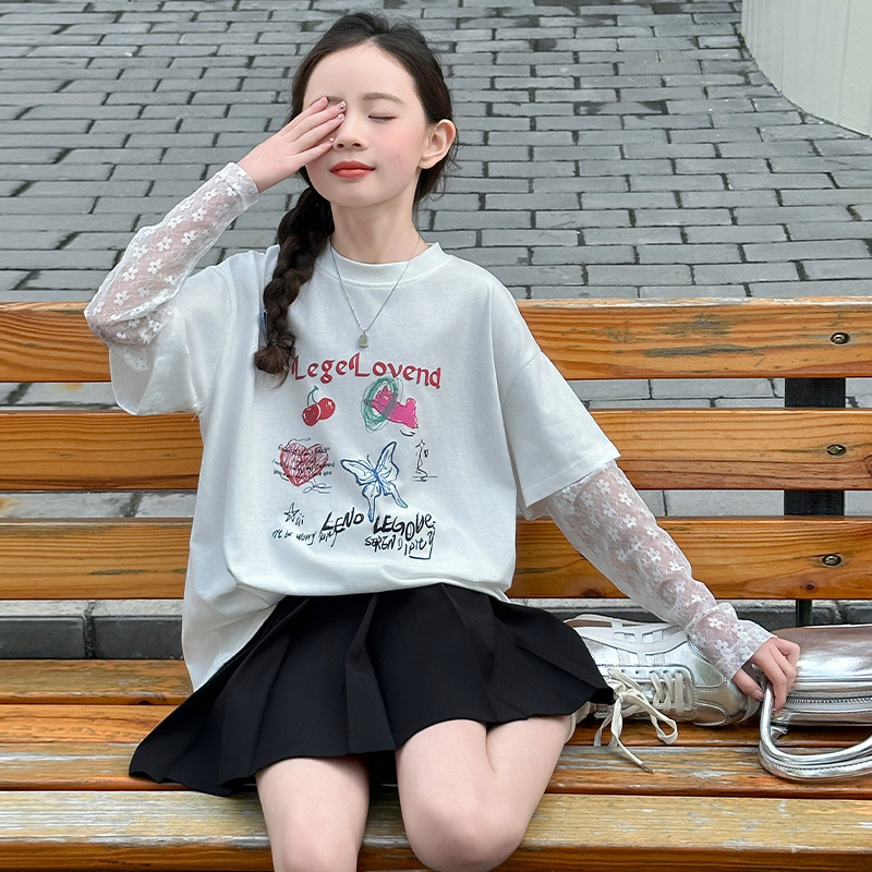 Meninas T Camisa Verão Manga Longa Rendas Retalhos Proteção Solar Respirável Branco Impressão Dos Desenhos Animados Cria