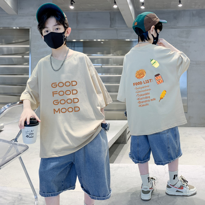 Crianças estilo americano meninos de manga curta camiseta verão carta impressão caído mangas ombro solto puro algodão Ca