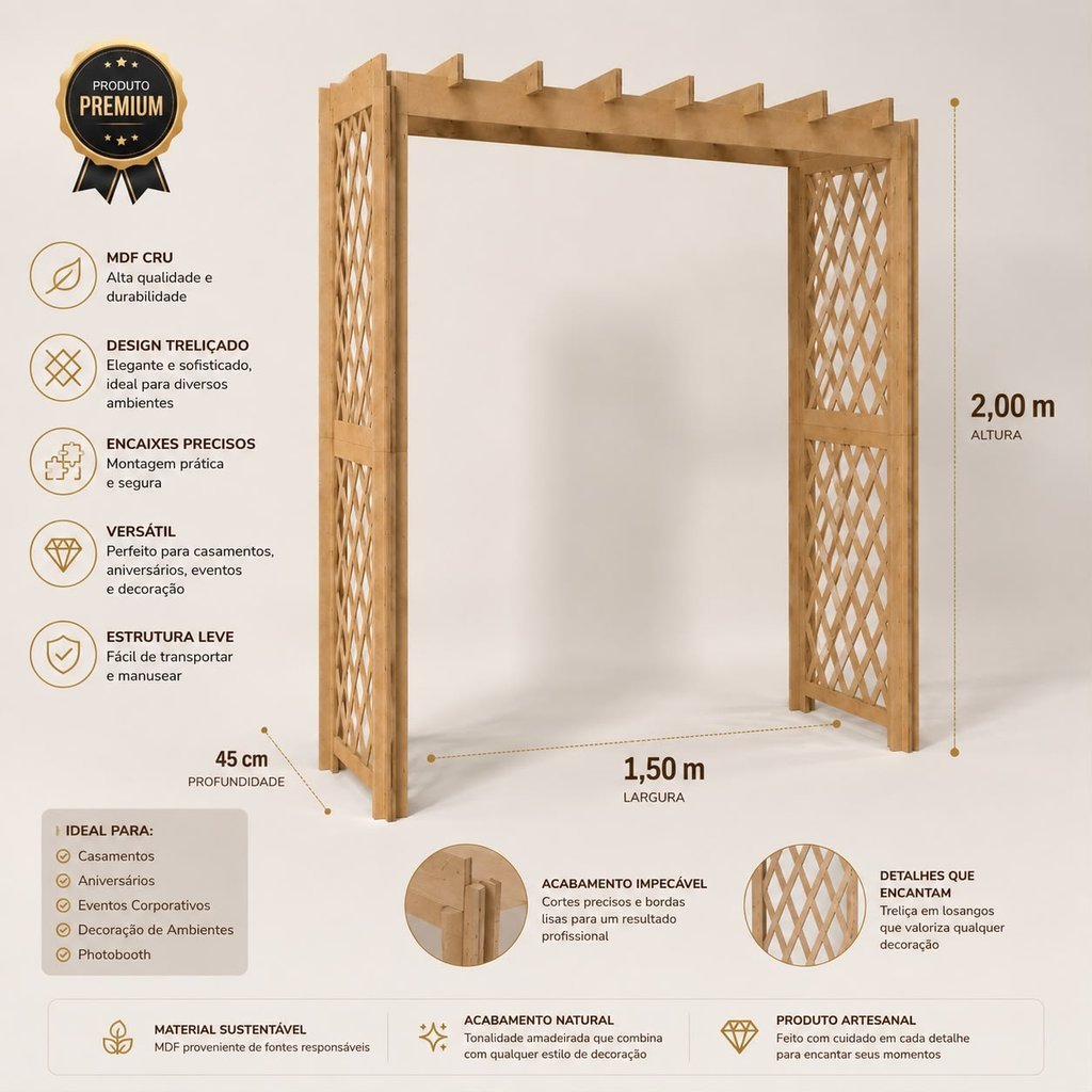 Pergolado MDF Treliçado 2m Arco Decorativo Casamento Festa Painel