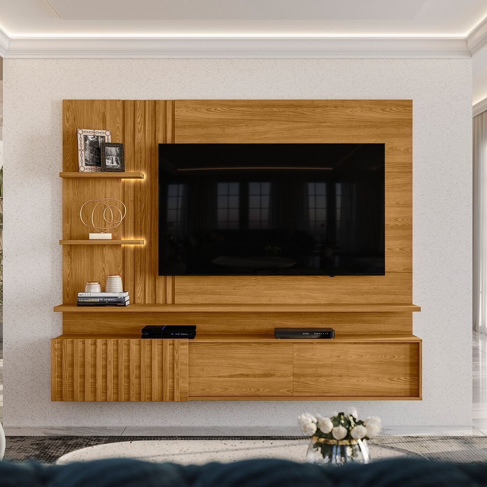 Painel Ripado para TV até 65 Polegadas com LED 200CMX167,5cm 2 Portas Atena Marrom Cumaru