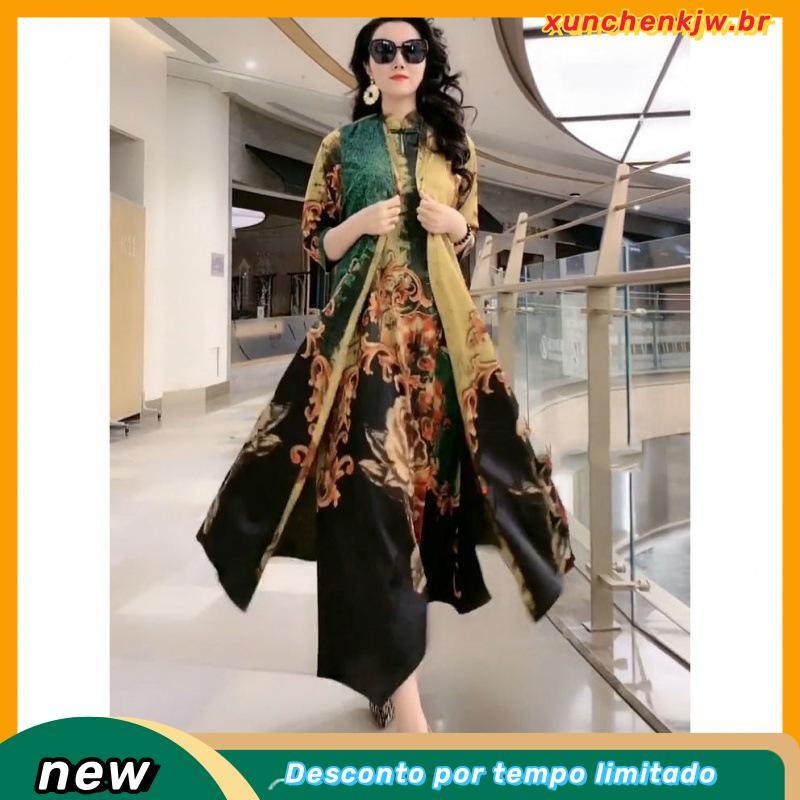 Vestido Longo Vintage Casual de Praia Plus Size Floral Elegante Mãe Seda Duas Peças Moda Nova Verão 2024 MV7P