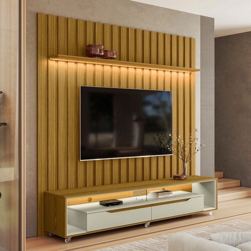 Rack com Painel Ripado para TV até 70 Polegadas com LED MDF 177CMX218CM Conjunto Gavetas Rodízios . Cedro Off White