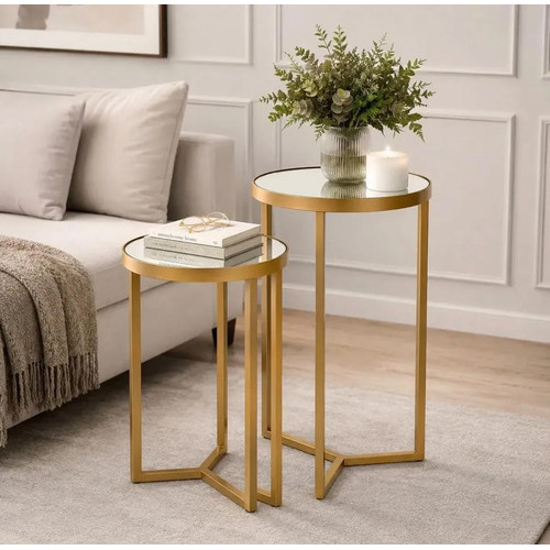 Kit 2 Mesas Laterais Decorativas Espelhadas Dourado