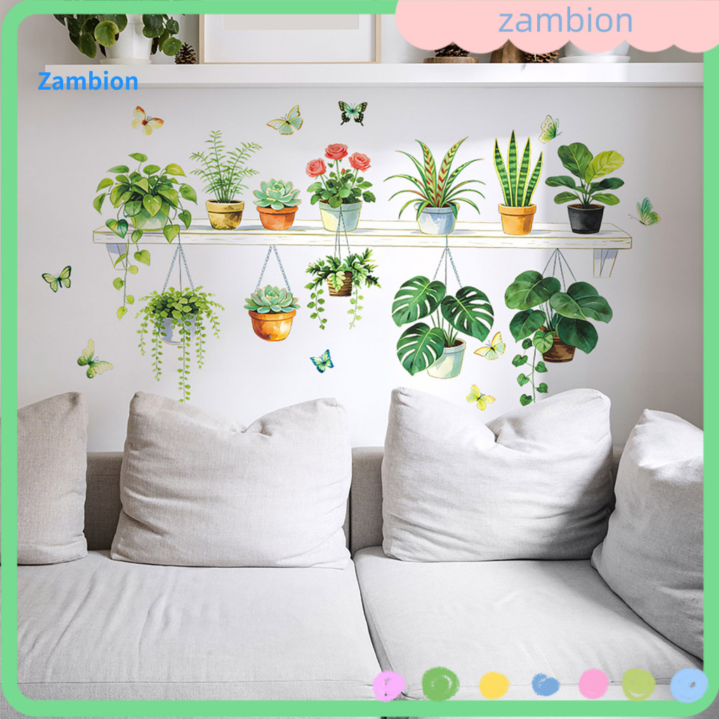 Nature Wall Decor Leaf Decal Tropical Green Plant Stickers with Butterfly Flower Decals – Decorative Potted Art for Ro