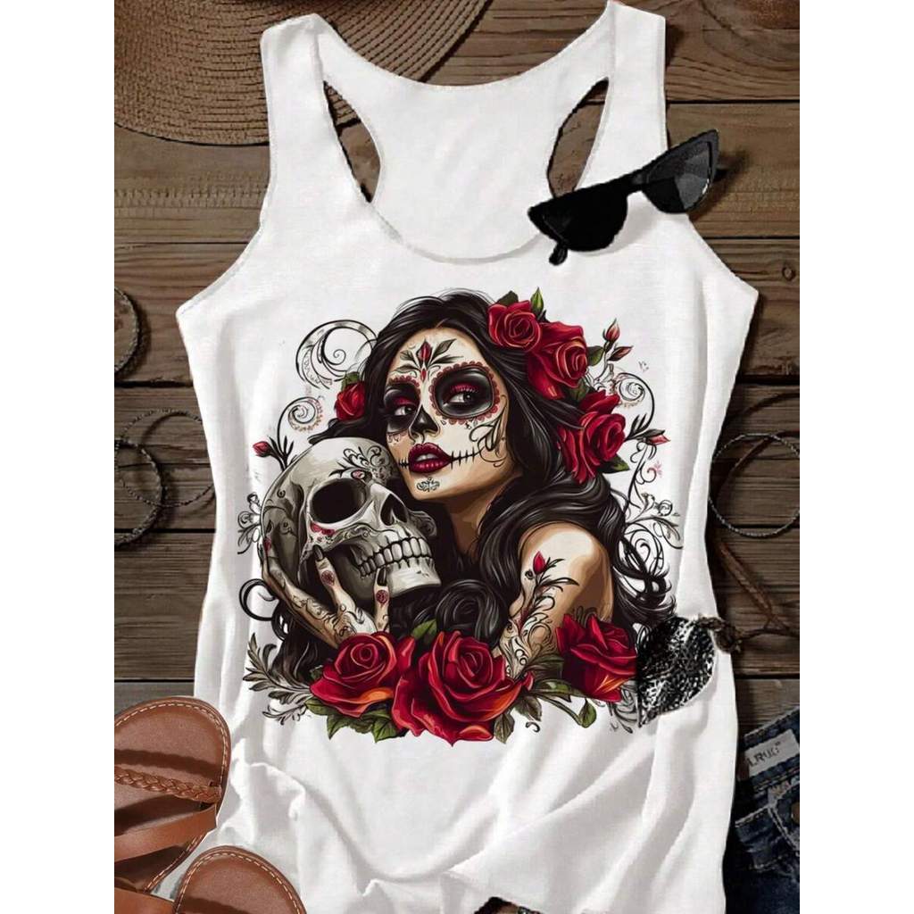 BLUSA REGATA CAVEIRA CATRINA VERMELHA, regatinha rock roll, blusinha verão estilosa plus size