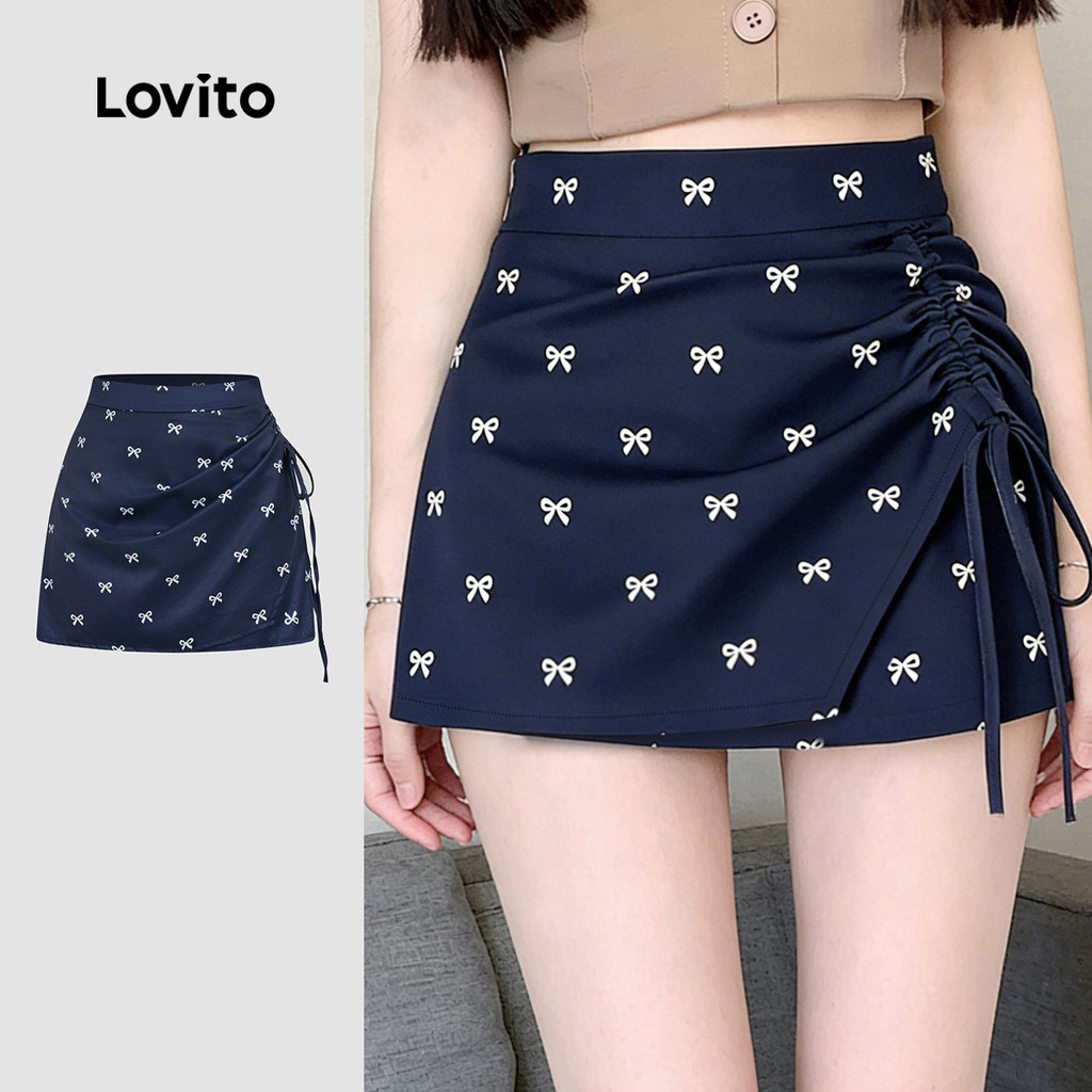 Lovito Shorts Casuais Femininos Primavera/verão Cordão de Laço Modelo Fake 2 em 1 L190ED055