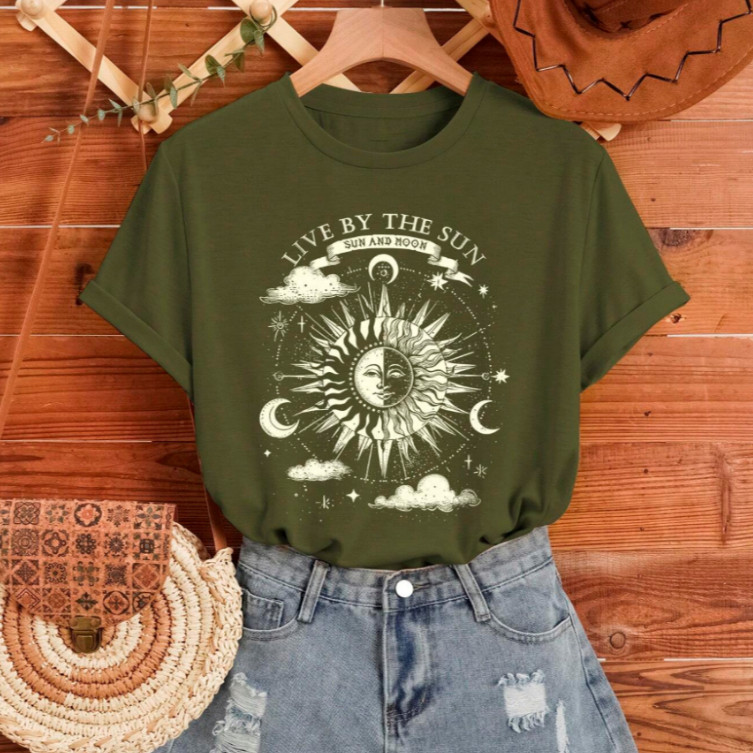 Camiseta Feminina T-shirt  Live by the Sun Estampada Estilosa Confortavél 100% Algodão