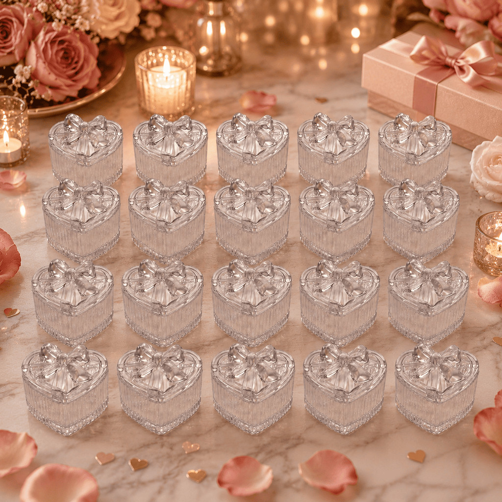Potiche Coração Kit 20 Peças Mini Bomboniere Vidro Tampa Laço Porta Joias Decorativa CHEF D