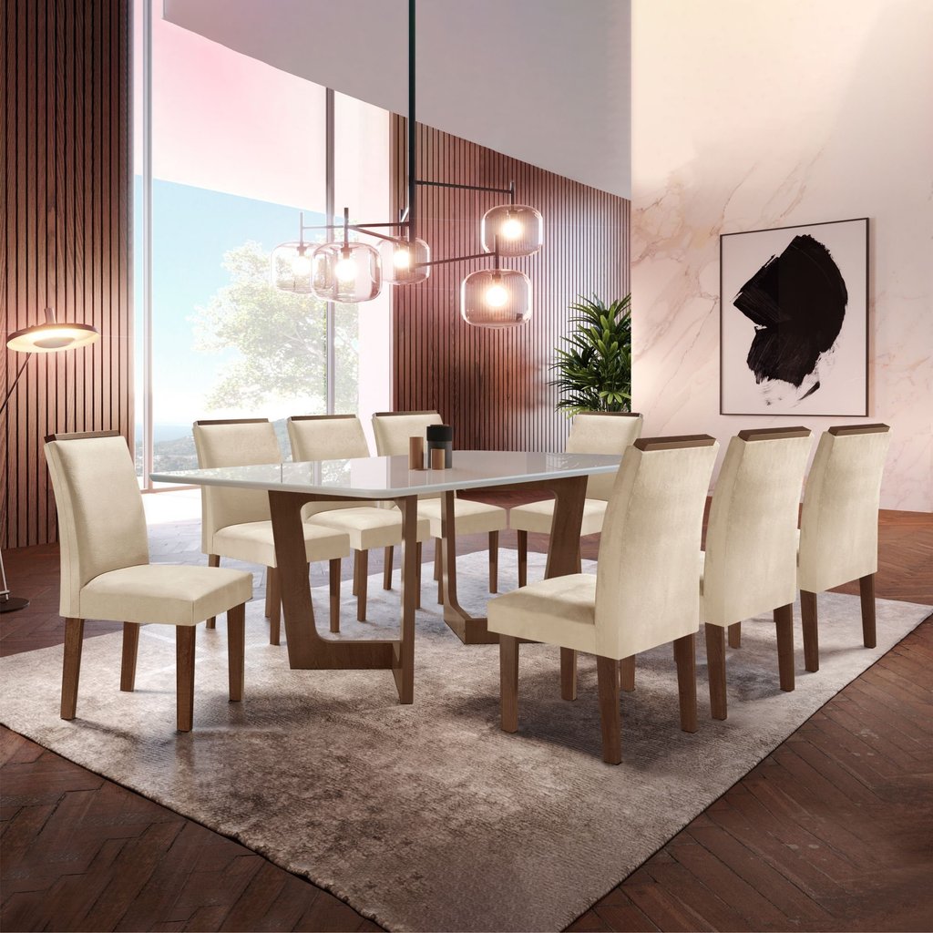 Conjunto Sala de Jantar Nápoles Tampo Vidro/MDF com 8 Cadeiras Luísa Smart Plus