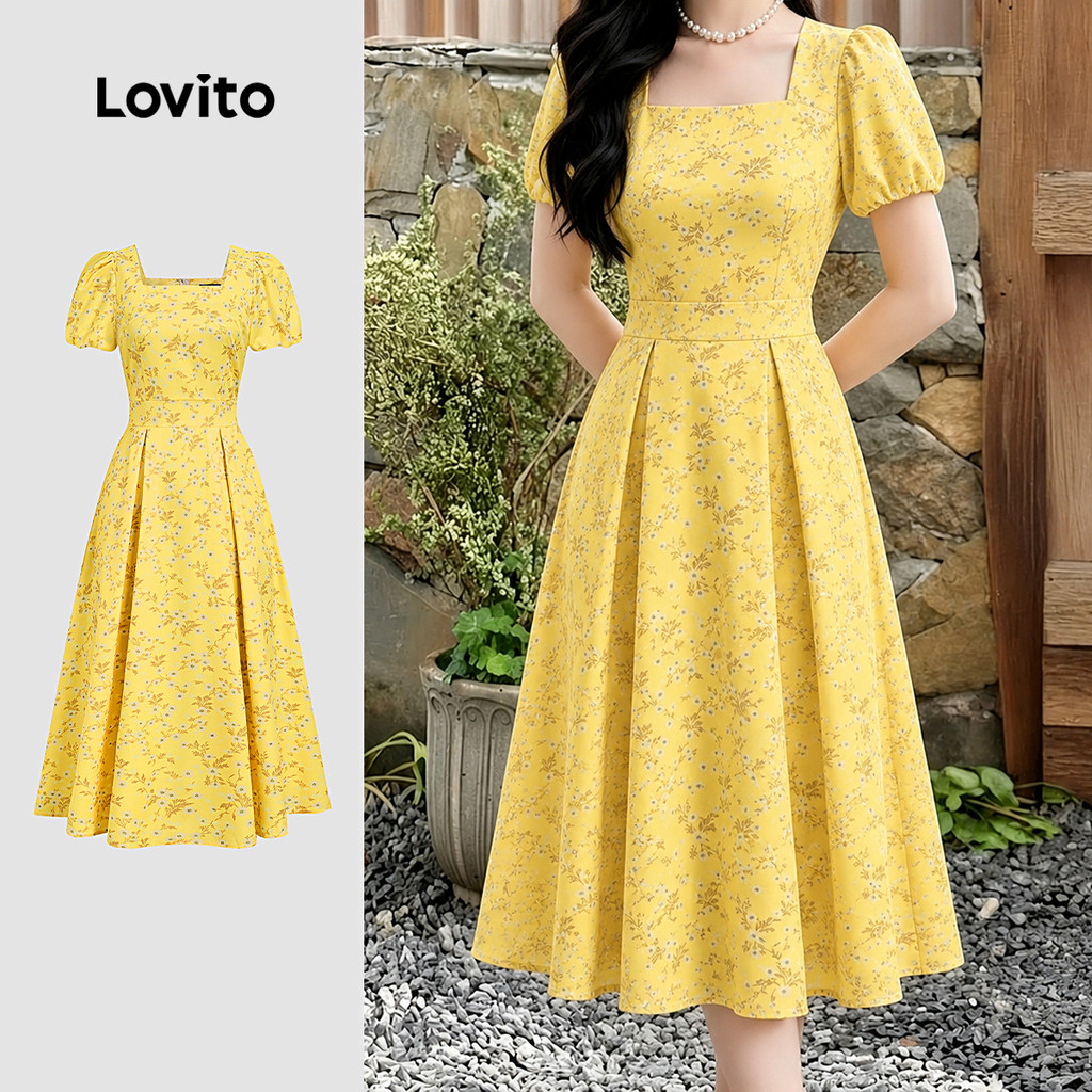 Lovito Floral Elegante Vestido com Zíper Primavera/verão Amarelo para Mulheres L