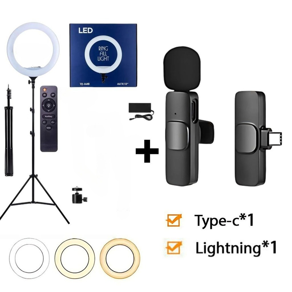 Kit completo para transmissão ao vivo: anel de luz de 6/8" + microfone de lapela sem fio para vlog.