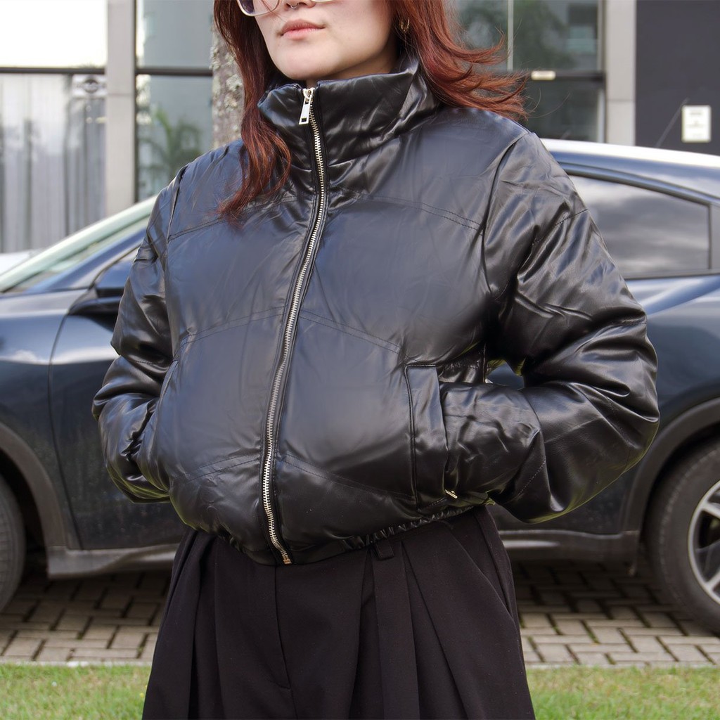 Jaqueta Feminina Courino Puffer Bomber Gola Alta Bolso Com Ziper Forrada