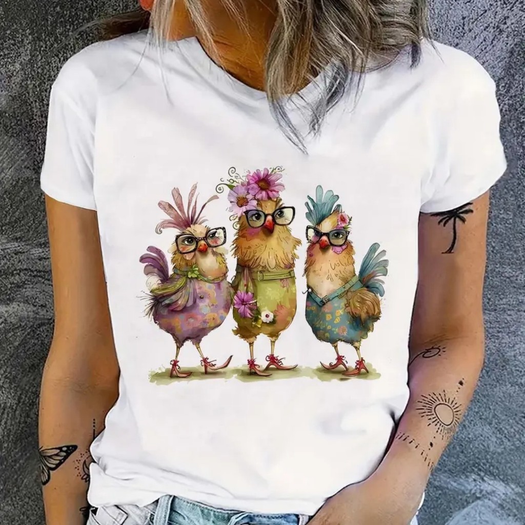 Camisetas de manga corta con estampado de pollo lindo, top casual de cuello redondo para el verano y la primavera,