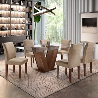 Conjunto Sala de Jantar Mesa Tampo de Vidro 6 Cadeiras Classic Chocolate/Pena em Oferta na Shopee
