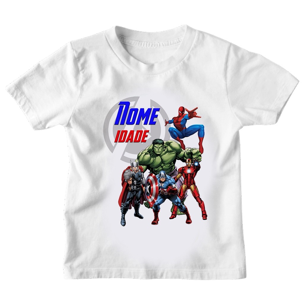 Camiseta Infantil Aniversário Estampa Vingadores - Personalizada com Nome e Idade | Estamparia Carneiro