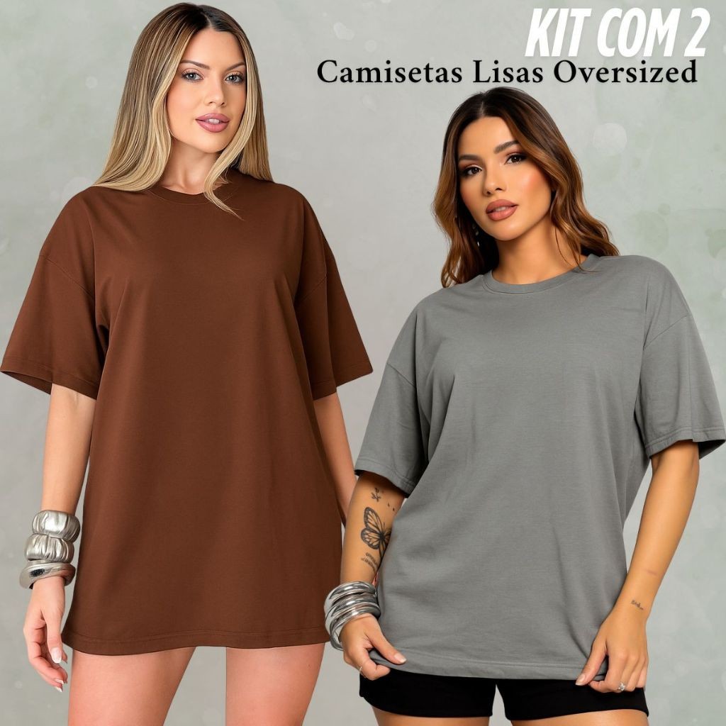 Kit Com 2 Camiseta Feminina Max Oversized Ombro Caido Básica Lisa Malha 100% Algodão Penteado
