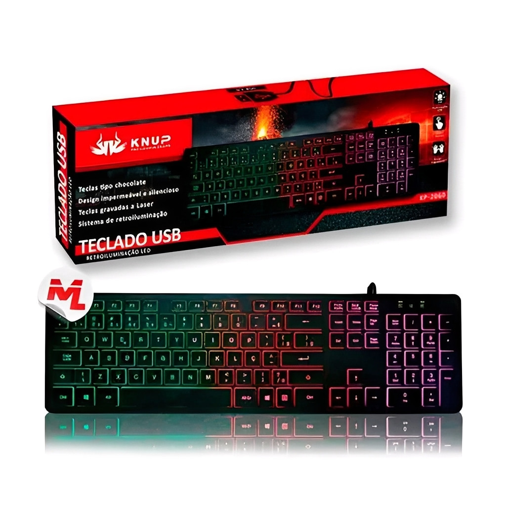 Teclado USB com LED Retroiluminado 107 Teclas Compatível com Windows Mac Linux Plug&Play Cabo 1.5m