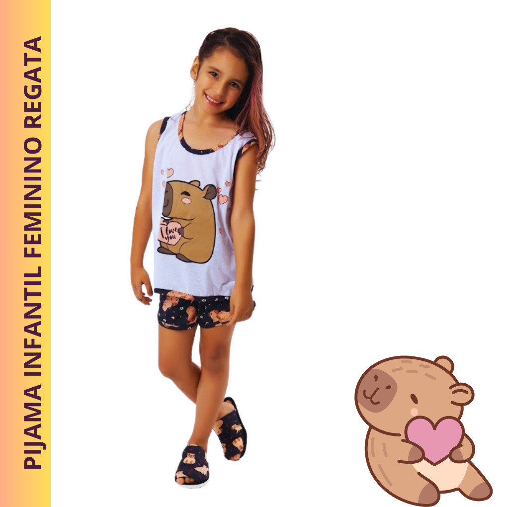 Pijama infantil feminino infantil regata capivara pijama infantil feminino verão roupa dormir short dool menina juvenil