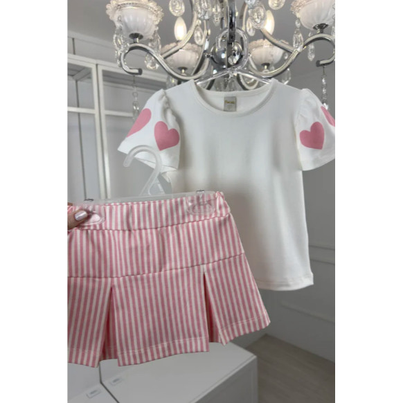 Conjunto Infantil Rosa Listrado Corações Blusa Shorts Saia Pregas