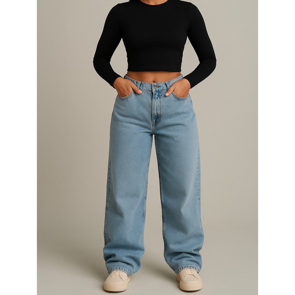 Calça Feminina Jeans Wideleg Pantalona corte reto Baggy streetwear cor estonada em Oferta na Shopee