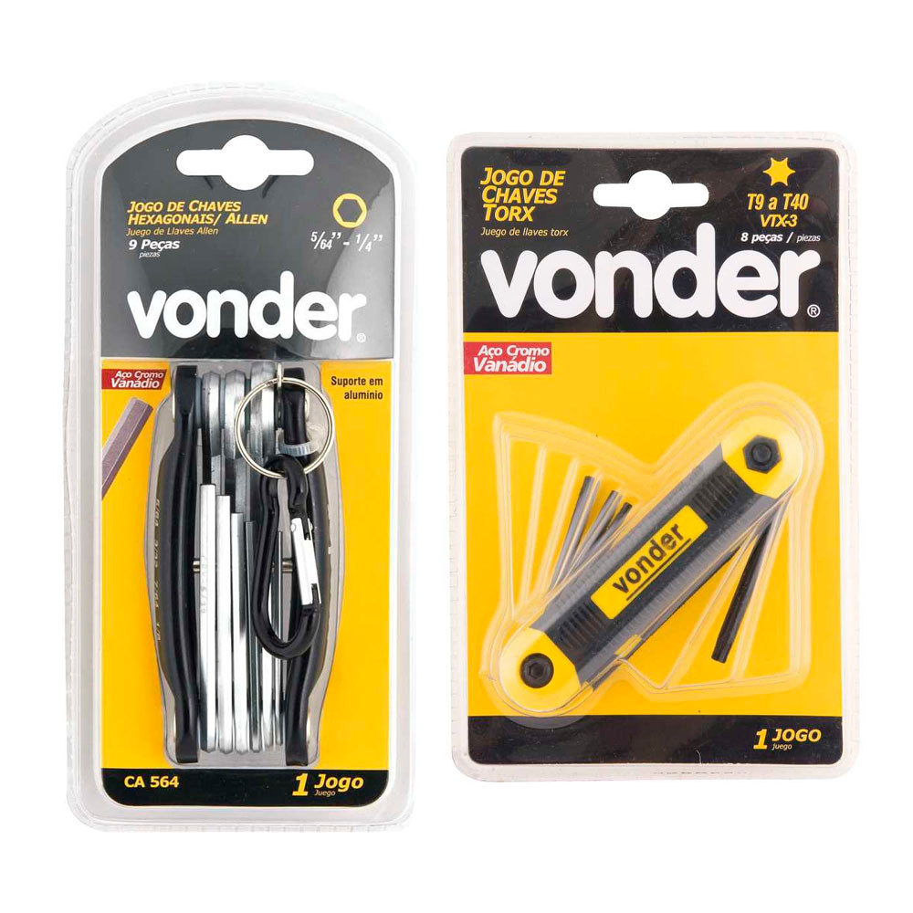Kit Jogo Chave Allen 5/64 a 1/4 Canivete 9 Peças + Jogo Chave Torx Canivete T09 a T40 8 Peças - VONDER