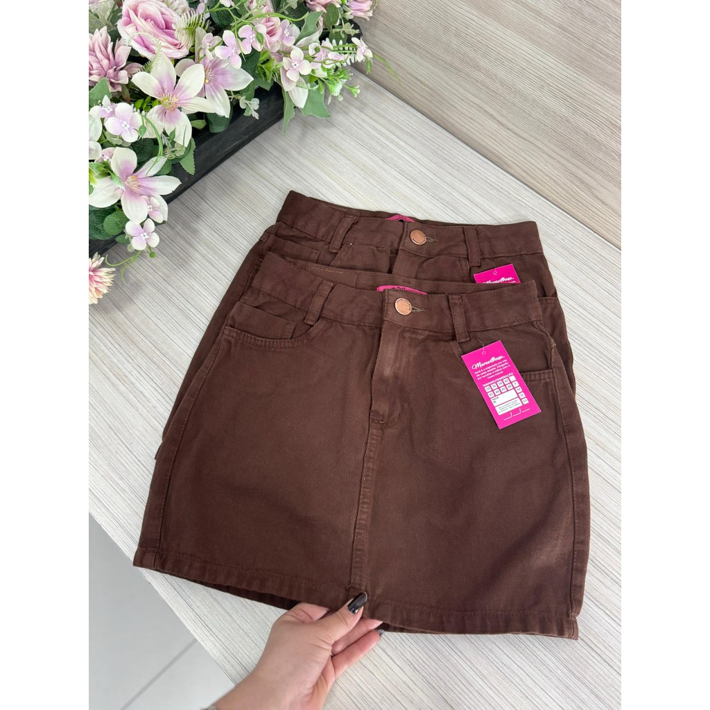 Saia Jeans Feminina Básica Marrom Cintura Alta Com Barra - Sem Elastano em Oferta na Shopee
