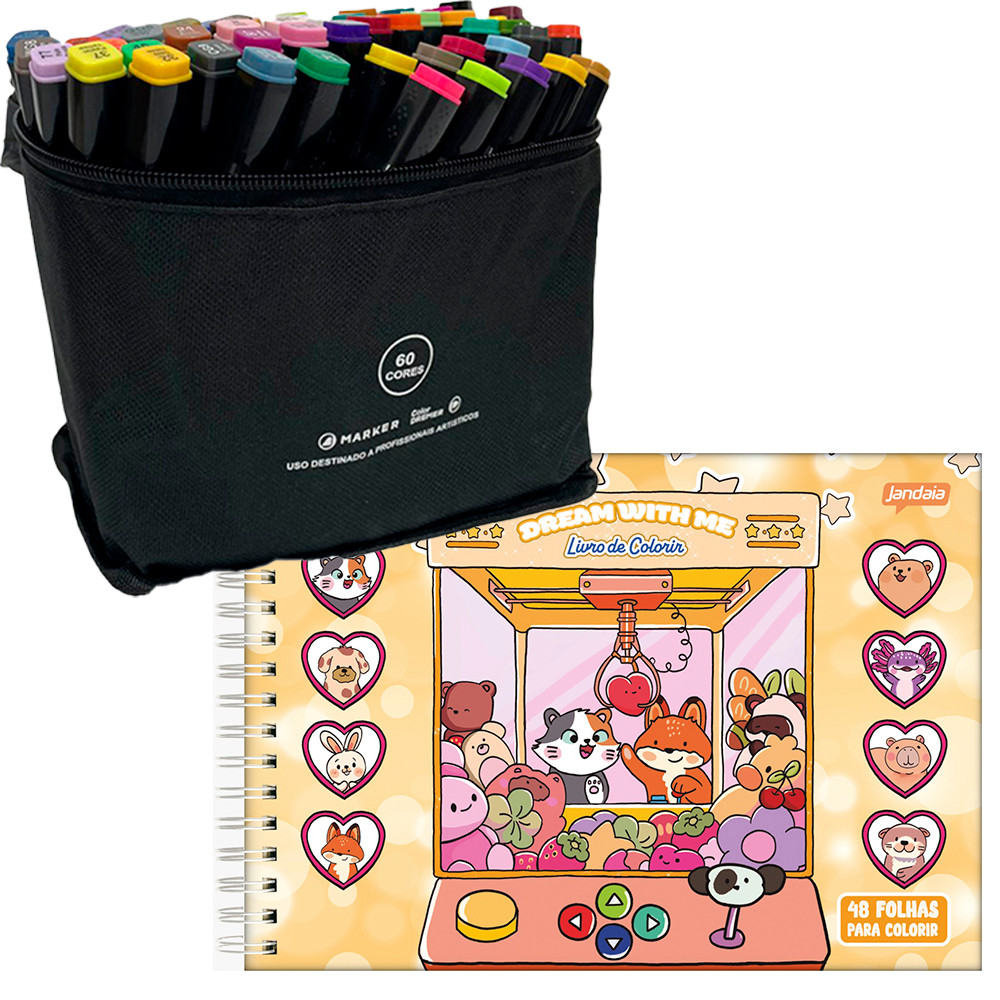 Kit Marcador 60 Cores + Livro Colorir Capa Dura Amarelo