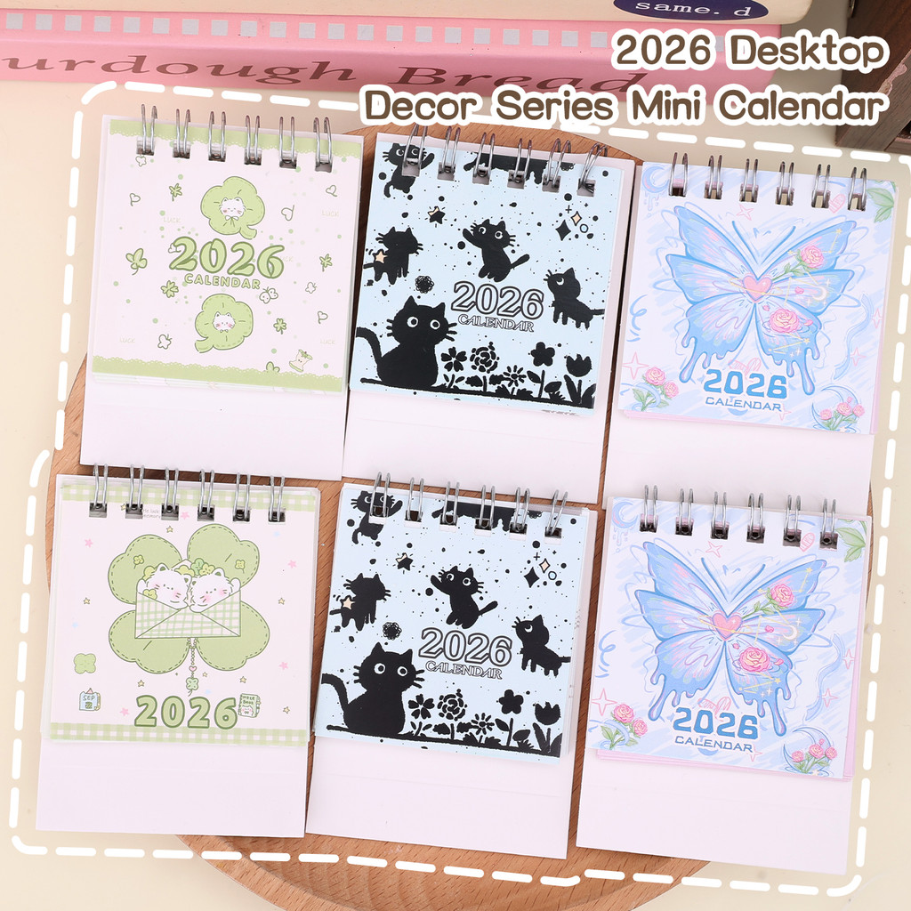 5 Unidades 2026 Calendário De Mesa Mini Decoração De Desenho Animado | 3 Estilos De Borboleta/Tinta Respingo Gato/Trevo