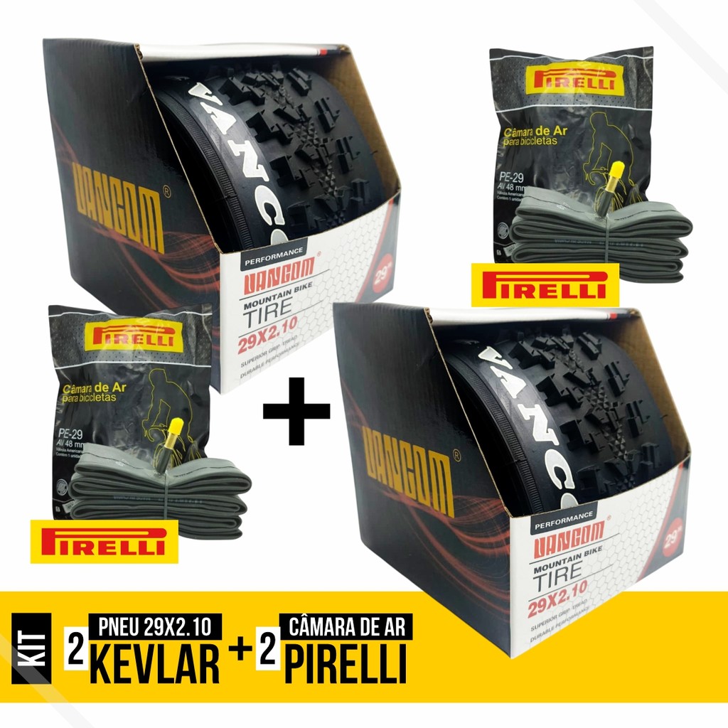Par de Pneus Aro 29 x 2.10 Mtb S/ Arame Kevlar Vancon + 2 Camara de Ar 29 Pirelli em Oferta na Shopee