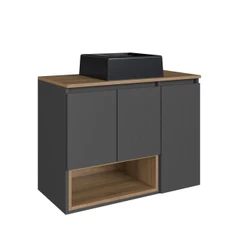 Gabinete de Banheiro Suspenso 80cm com Cuba 3 Portas Mel/Grafite Cecília BL9220 - Faema Móveis