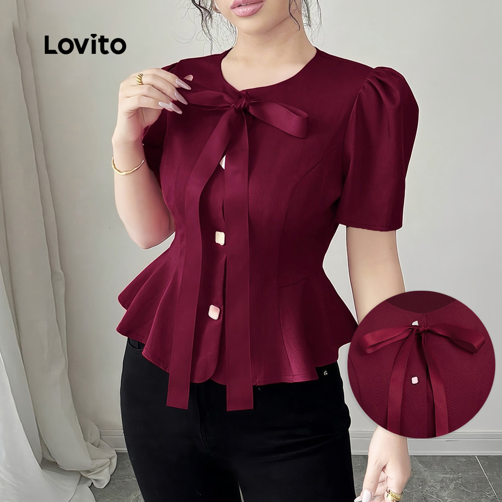 (NEW) Lovito Blusa Elegante com Botões Babado Na Bainha Laço Frontal Primavera/verão Vermelho vinho L155ED856 em Oferta na Shopee