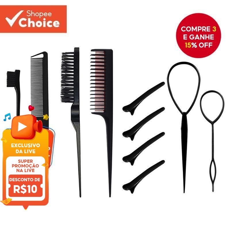 Conjunto De Pente De 10 Peças Com Ferramenta De Trança E Clipe De Bico De Pato Estilo , Escova De Cabelo