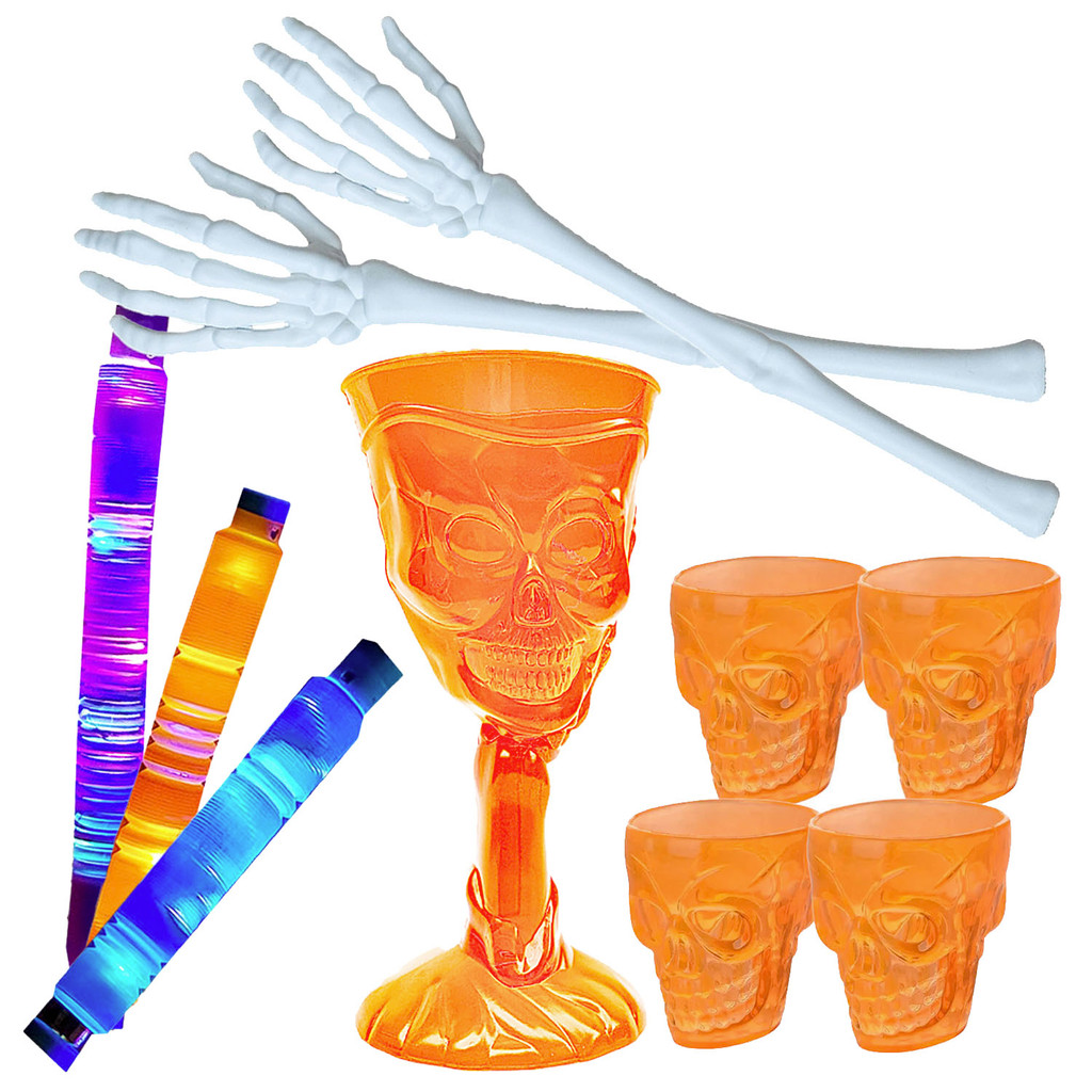 Kit Copo Taça Caveira + 4 Mini Shot + 2 Mãos Esqueleto + 3 Bastões Led Festa Halloween Bar Decoração: 10 Produtos