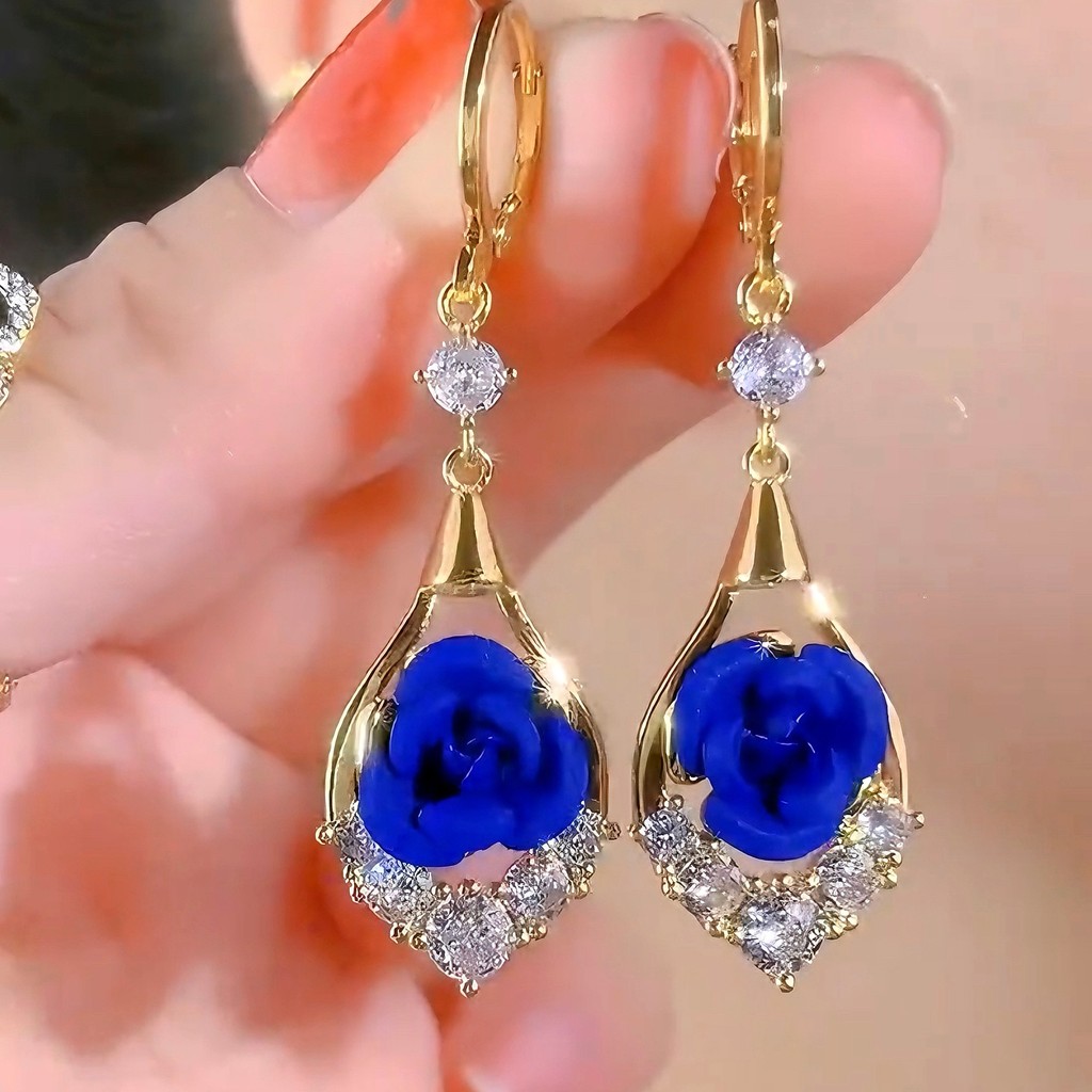 Brincos de cristal rosa azul feminino 
 Elegante e luxuoso feixe de orelhas para banquete em Oferta na Shopee