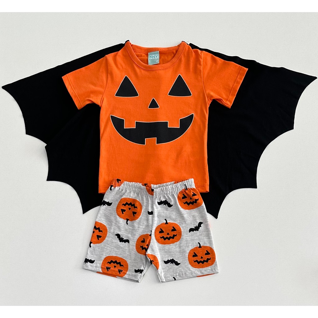 Pijama 1/12 Halloween Kyly Blusa Laranja, Bermuda Estampada e Capa Preta