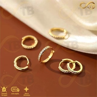 TB Moda 3 pares feminina Brinco Trio Argola BANHADA PRATA 925 A OURO 18K com Zircônia Cravejada