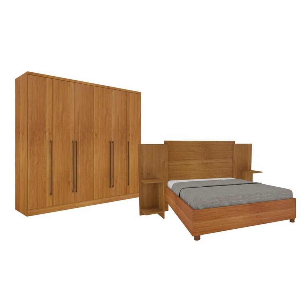 Quarto de Casal Guarda-roupa 6 Portas Portugal e Cama Box Casal Monaco Queen Painel Espresso Móv