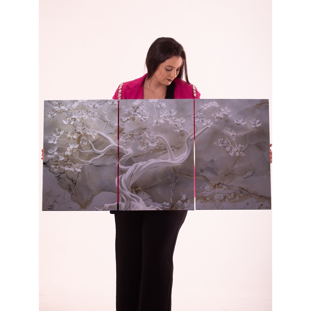 Quadro Triplo Árvore Flor Branca Decorativa 3 Peças Painel Moderno Sala Quarto Parede
