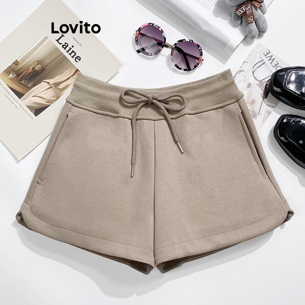 Detalhes do Lovito Shorts Esportivos Esportivos Com Cordão Liso Para Mulheres LNL59269