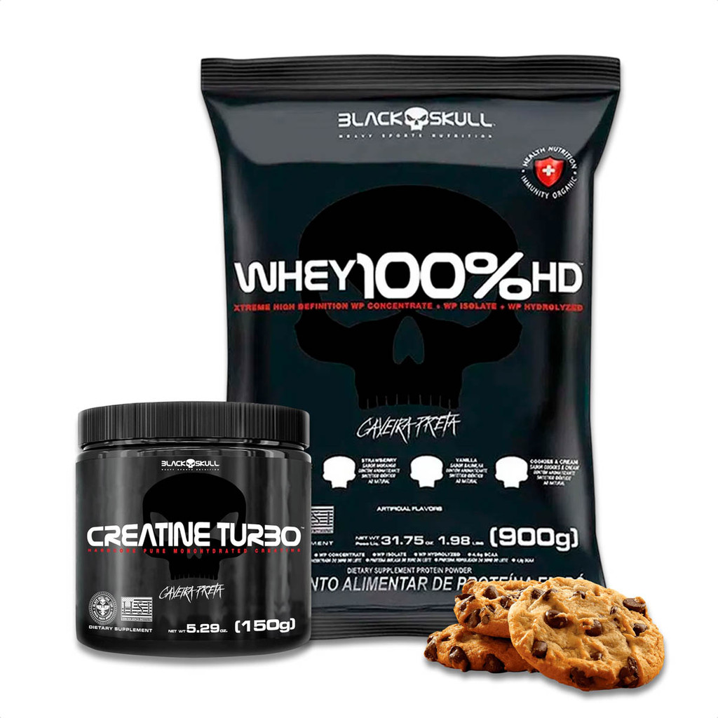 Kit Whey 100% Black Skull HD Refil - 900g Sabor Cookies + Creatina Turbo Black Skull Monohidratada 150g - Sem Sabor 