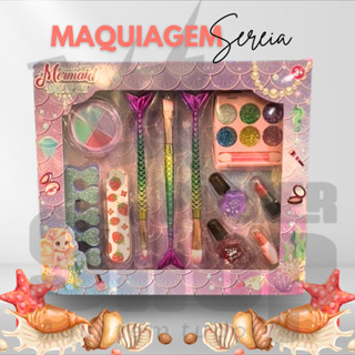 Kit de Maquiagem Sereia Infantil Completo 11 Peças – Pincéis, Sombras, Batons e Esmaltes em Oferta na Shopee
